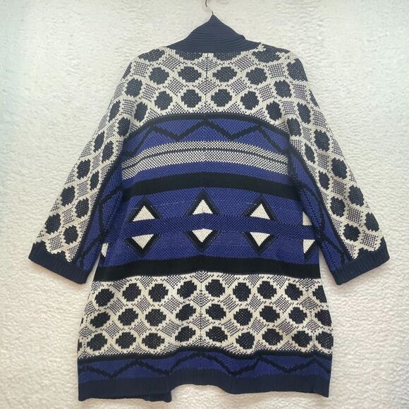 Lucky Brand Sweater Womens Small Blue Cardigan Geo Print Chunky Knit Cozy Pocket - Picture 2 of 10